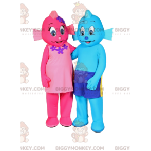 Zwei BIGGYMONKEY™s rosa und blaues Fischmensch-Maskottchen -