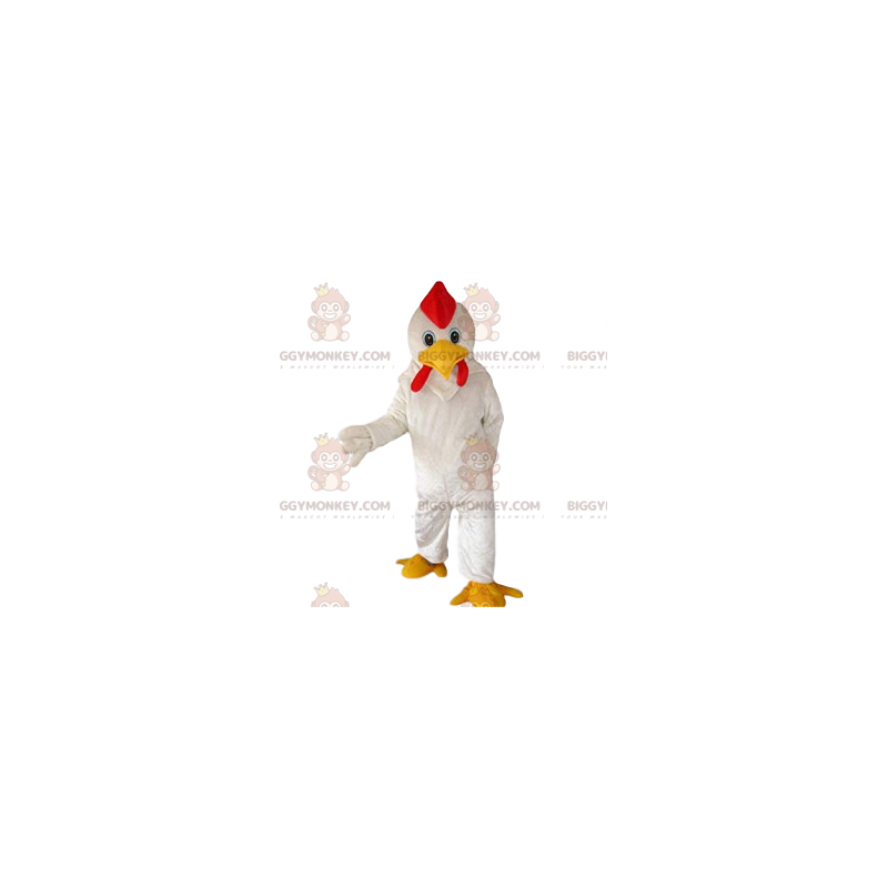 Costume de mascotte BIGGYMONKEY™ de super poulet blanc et sa Costume de mascotte BIGGYMONKEY™ de super poulet blanc et sa