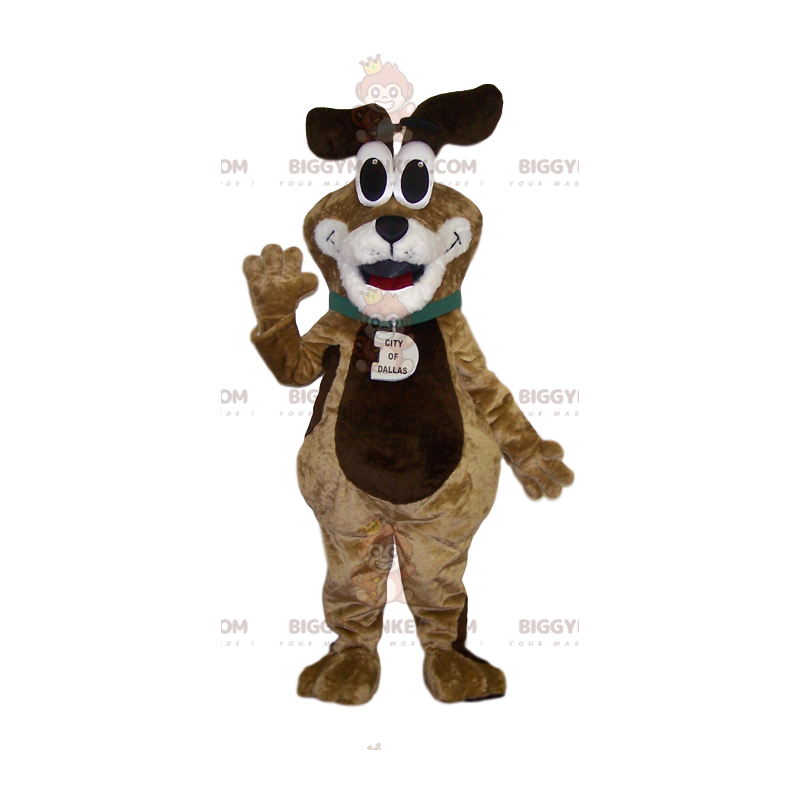 Erittäin hauska ruskeavalkoinen koiran BIGGYMONKEY™ maskottiasu Erittäin hauska ruskeavalkoinen koiran BIGGYMONKEY™ maskottiasu