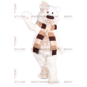 BIGGYMONKEY™ maskotkostume af blød hvid bjørn med brunt og beige tørklæde - Bjørn maskot - BIGGYMONKEY_011896 - BiggyMonkey.com
