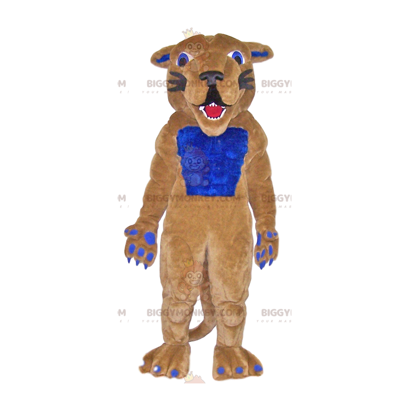 Costume da mascotte BIGGYMONKEY™ felino beige e blu sorridente Costume da mascotte BIGGYMONKEY™ felino beige e blu sorridente