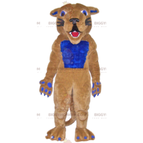 Lachend beige en blauw katachtig BIGGYMONKEY™ mascottekostuum - Mascottes beroemde mensen - BIGGYMONKEY_011899 - BiggyMonkey.com