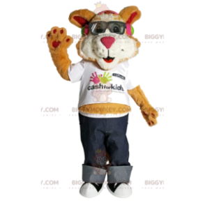 Traje de mascote de leão em quadrinhos BIGGYMONKEY™ com óculos