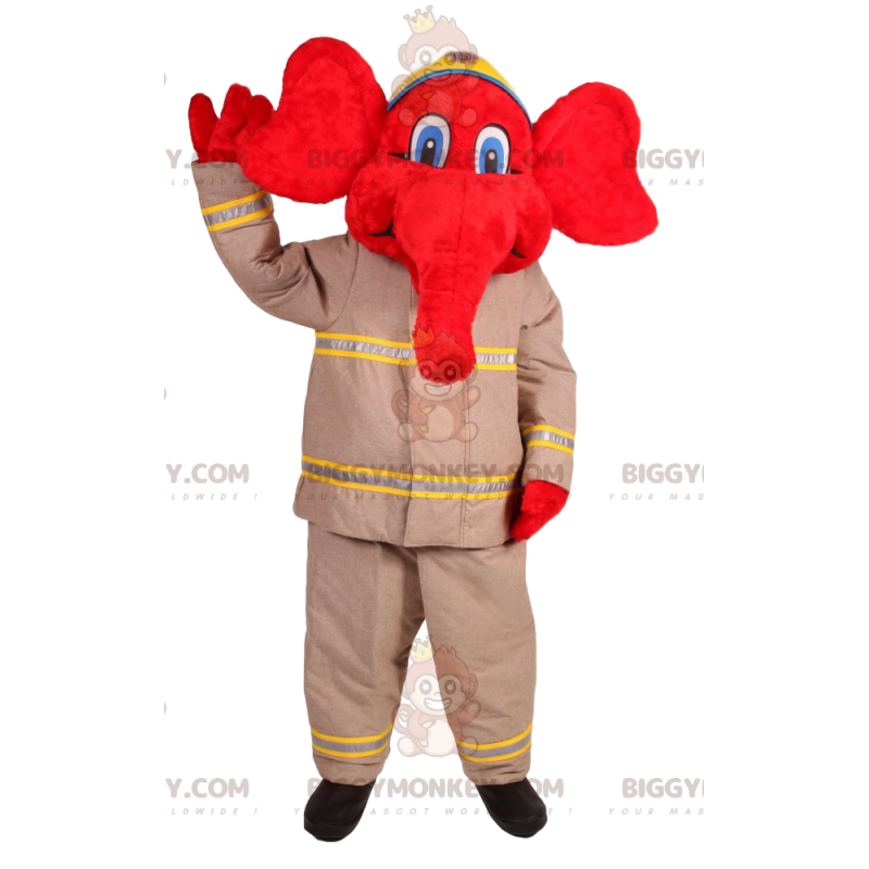BIGGYMONKEY™ maskottiasu, punainen norsu palomiesasussa - BIGGYMONKEY™ maskottiasu, punainen norsu palomiesasussa -