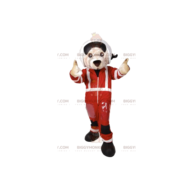 Costume de mascotte BIGGYMONKEY™ de chien blanc en pilote de Costume de mascotte BIGGYMONKEY™ de chien blanc en pilote de