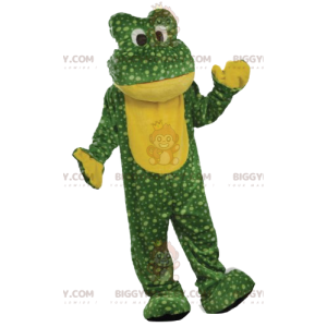 Kostým maskota zelené žáby BIGGYMONKEY™ se žlutými puntíky –