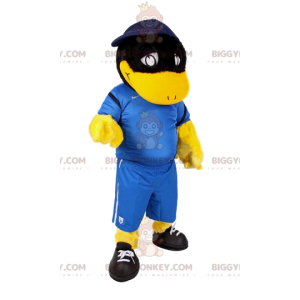BIGGYMONKEY™ Maskottchen-Kostüm Schwarze Ente im Fußball-Outfit