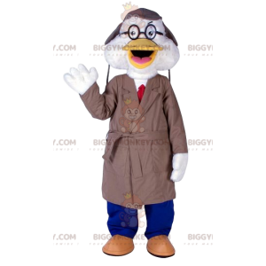 White duck BIGGYMONKEY™ mascot costume with beige raincoat -