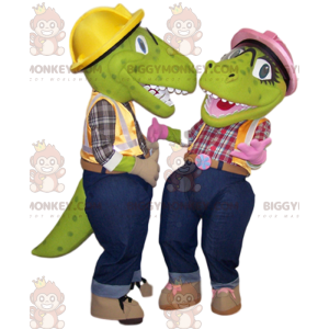 To BIGGYMONKEY™s maskotgrønne dinosaurer i altmuligmannsantrekk - Dinosaur-maskoter - BIGGYMONKEY_011920 - BiggyMonkey.com