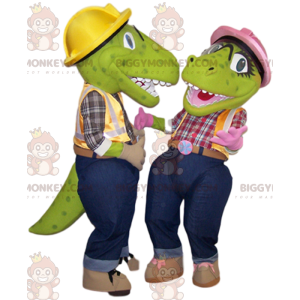 Two BIGGYMONKEY™s mascot green dinosaurs in handyman outfits -