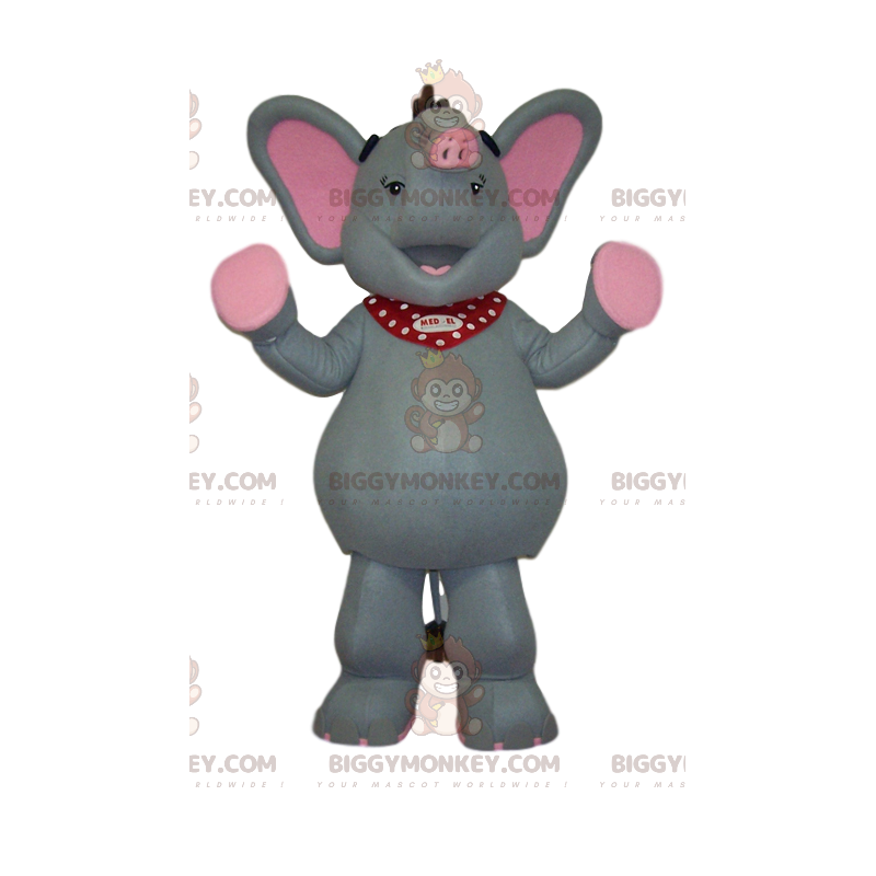 Costume de mascotte BIGGYMONKEY™ d'éléphant gris et rose très joyeux - Mascottes Elephant - BIGGYMONKEY_011945 - BiggyMonkey.com
