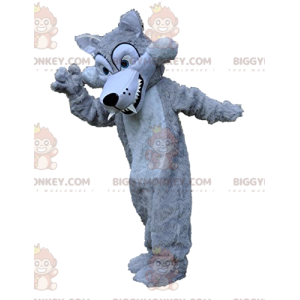 Costume mascotte BIGGYMONKEY™ lupo grigio argento denti grandi