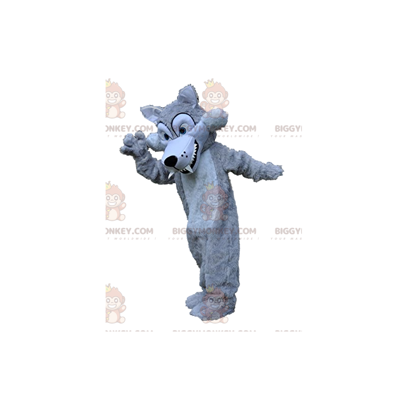 Disfraz de mascota BIGGYMONKEY™ de lobo gris plateado con Disfraz de mascota BIGGYMONKEY™ de lobo gris plateado con