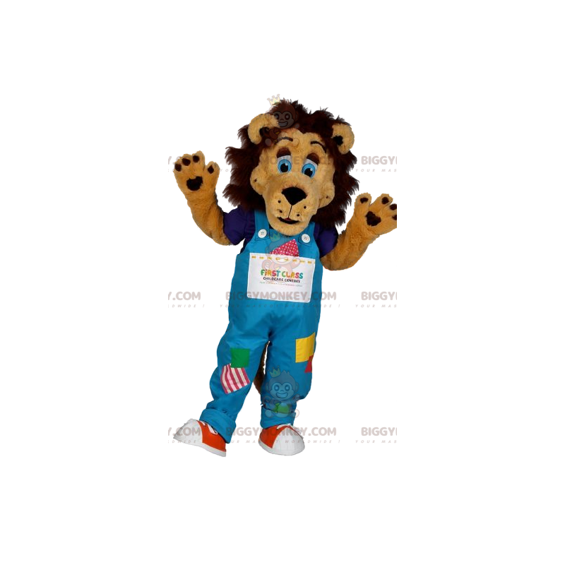 Kostium maskotki lew BIGGYMONKEY™ z patchworkowym kombinezonem Kostium maskotki lew BIGGYMONKEY™ z patchworkowym kombinezonem