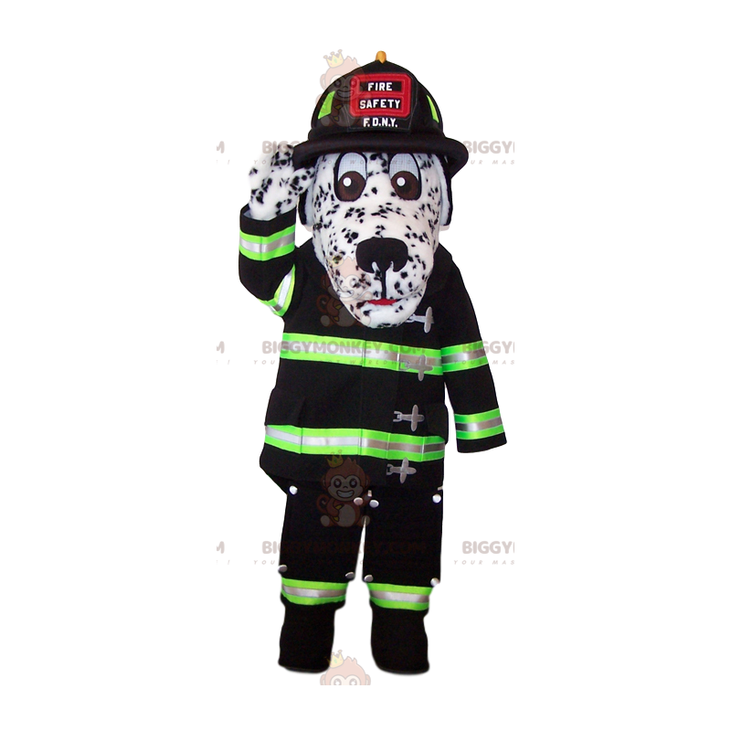 Fantasia de mascote BIGGYMONKEY™ dálmata com roupa de bombeiro Fantasia de mascote BIGGYMONKEY™ dálmata com roupa de bombeiro
