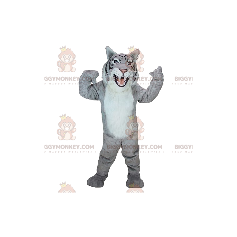 Costume de mascotte BIGGYMONKEY™ de tigre gris majestueux et Costume de mascotte BIGGYMONKEY™ de tigre gris majestueux et