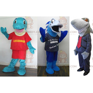 3 BIGGYMONKEY™s mascot: a blue dolphin, a blue fish and a gray