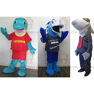 3 BIGGYMONKEY™s maskot: en blå delfin, en blå fisk og en gråhai - Fiskemaskotter - BIGGYMONKEY_01384 - BiggyMonkey.com