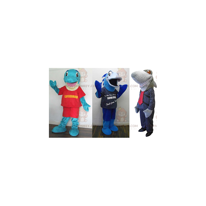 3 BIGGYMONKEY™s mascot: a blue dolphin, a blue fish and a gray