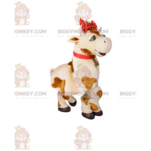 BIGGYMONKEY™ Mascot Costume White and Brown Cow with Red Bow -