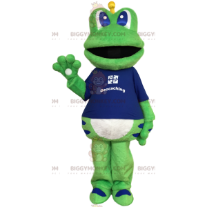 Costume da mascotte BIGGYMONKEY™ rana verde con t-shirt blu -