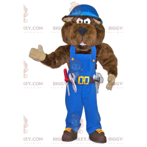 BIGGYMONKEY™ Big Bear Handyman Mascot Costume in Blue Overalls