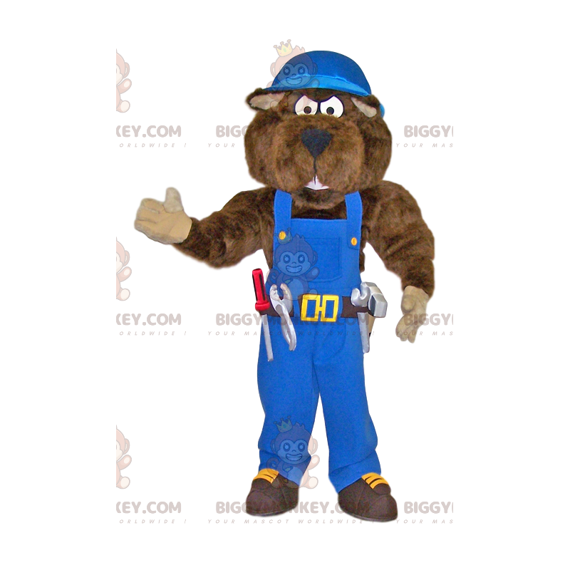 BIGGYMONKEY™ Big Bear Handyman Mascot Costume in Blue Overalls BIGGYMONKEY™ Big Bear Handyman Mascot Costume in Blue Overalls