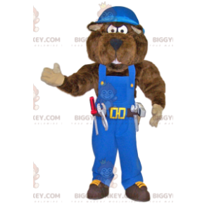 BIGGYMONKEY™ Big Bear Handyman Mascot Costume in Blue Overalls