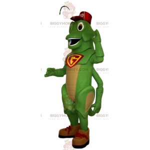 Grünes Cricket BIGGYMONKEY™ Maskottchenkostüm mit roter Mütze -