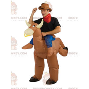 BIGGYMONKEY™ Μπεζ κοστούμι μασκότ αγελάδας Rodeo με αναβάτη -