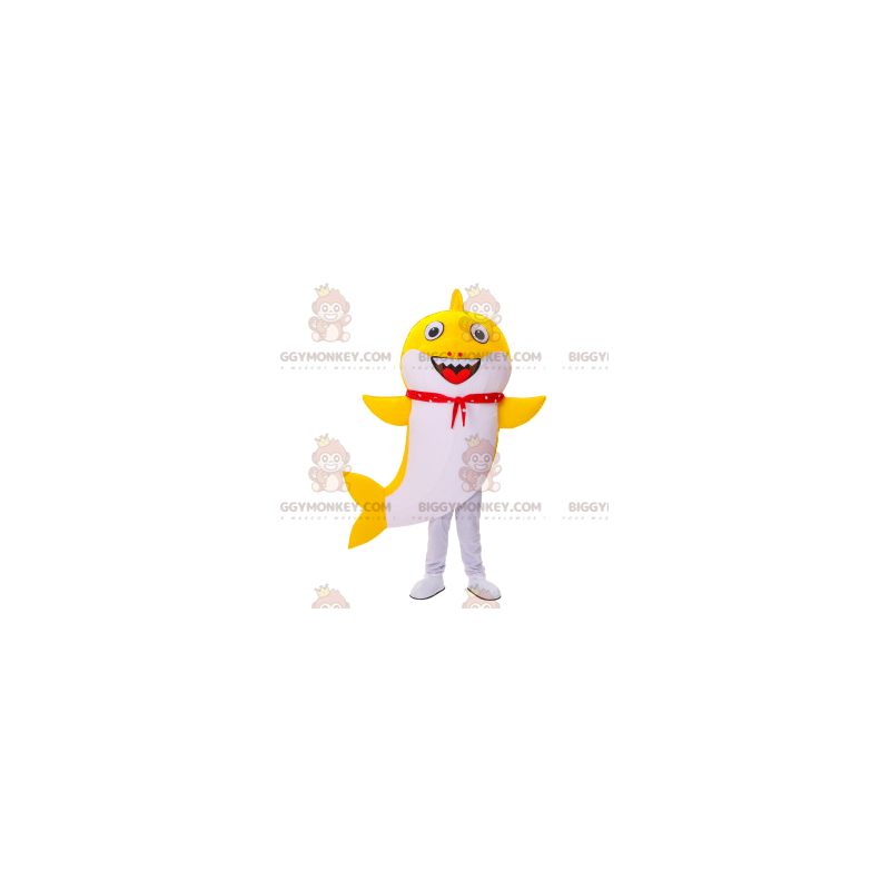 Disfraz de mascota BIGGYMONKEY™ Tiburón amarillo y blanco con Disfraz de mascota BIGGYMONKEY™ Tiburón amarillo y blanco con