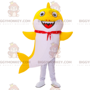 BIGGYMONKEY™ Maskotdräkt Gul och vit haj med röd bandana - Fiskmaskot - BIGGYMONKEY_011996 - BiggyMonkey.com