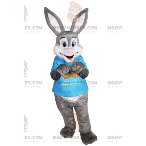 Στολή μασκότ Grey Bunny BIGGYMONKEY™ με μπλε μπλουζάκι -