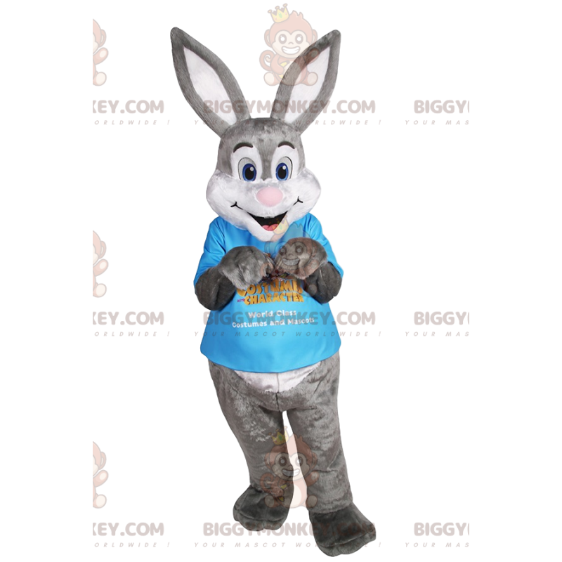 Costume de mascotte BIGGYMONKEY™ de lapin gris avec un t-shirt Costume de mascotte BIGGYMONKEY™ de lapin gris avec un t-shirt