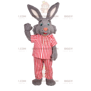 BIGGYMONKEY™ maskotkostume grå kanin med rød og hvid stribet
