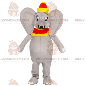 BIGGYMONKEY™ maskotkostume Grå elefant med rød og gul hat -