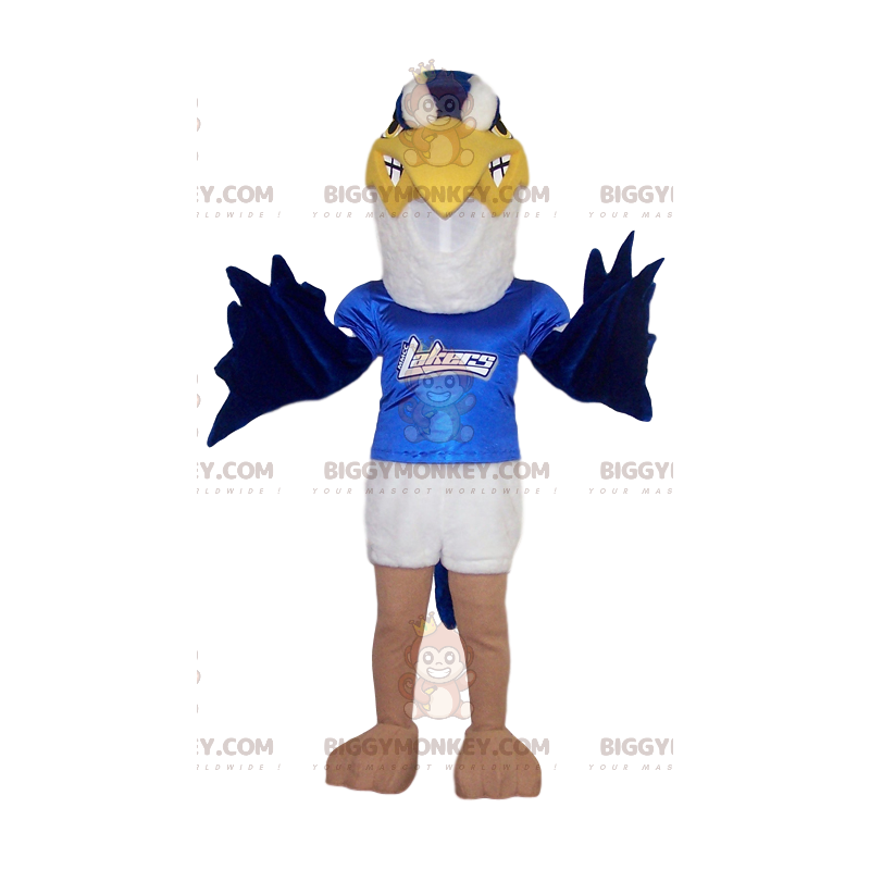 Traje de mascote BIGGYMONKEY™ de águia dourada branca e azul Traje de mascote BIGGYMONKEY™ de águia dourada branca e azul