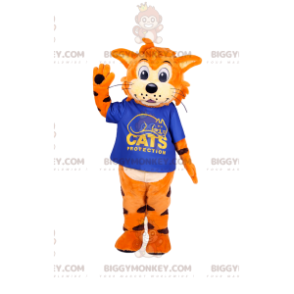 Traje de mascote de gato amigável BIGGYMONKEY™ com camisa azul royal - Mascotes de gatos - BIGGYMONKEY_012023 - BiggyMonkey.com