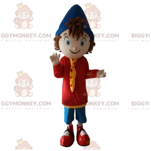 Liten pojke BIGGYMONKEY™ maskotdräkt med marinblå spetsig hatt