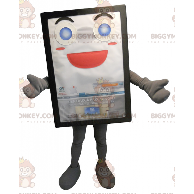 Kostým maskota BIGGYMONKEY™ s úsměvem a šedým billboardem –