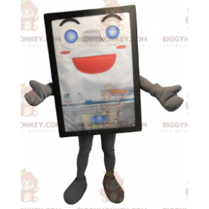 Kostým maskota BIGGYMONKEY™ s úsměvem a šedým billboardem –