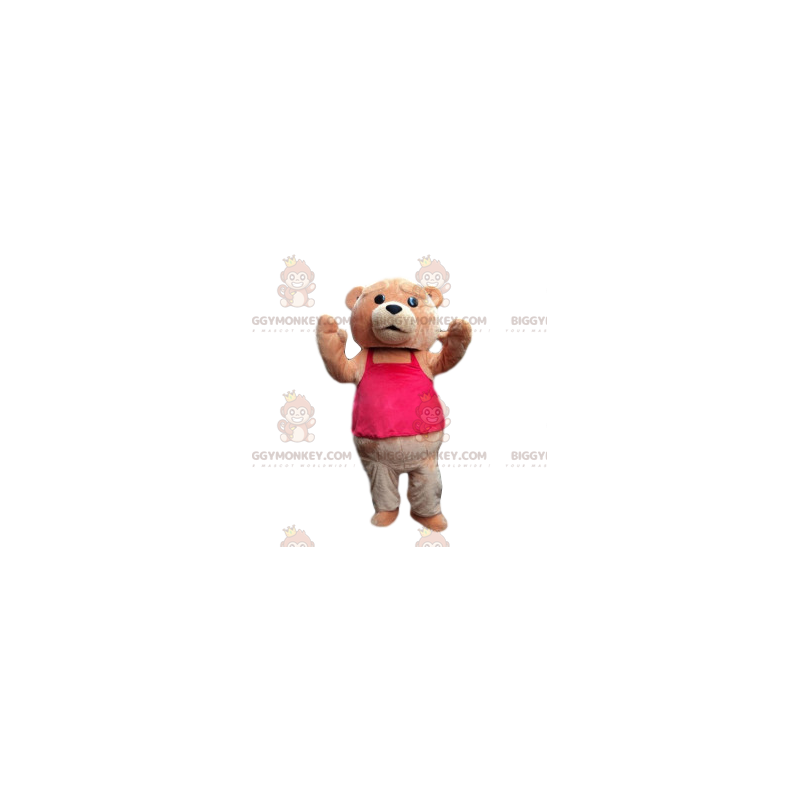 Costume da mascotte orso bruno BIGGYMONKEY™ con t-shirt rosa Costume da mascotte orso bruno BIGGYMONKEY™ con t-shirt rosa