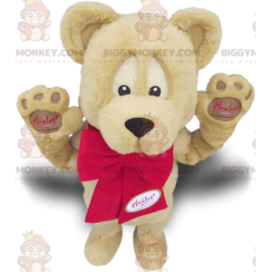 BIGGYMONKEY™ Mascot Costume Beige Bear with Red Bow