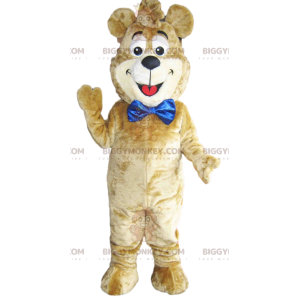 BIGGYMONKEY™ mascot costume of beige bear with a big blue bow.