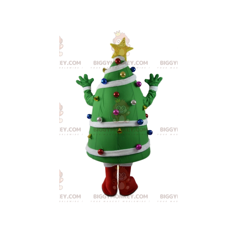Costume de mascotte BIGGYMONKEY™ de sapin avec sa décoration.