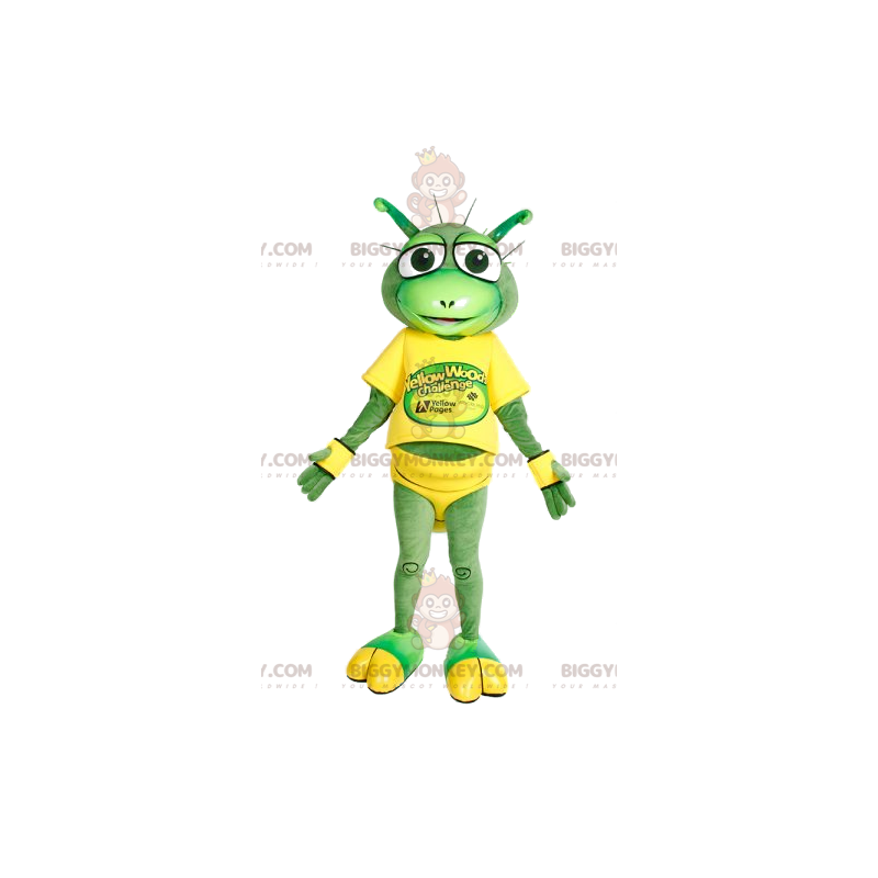 Grasshopper BIGGYMONKEY™ Mascot Costume In Yellow Running Grasshopper BIGGYMONKEY™ Mascot Costume In Yellow Running