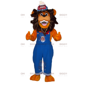 BIGGYMONKEY™ Mascot Costume of lion in blue overalls and cap -