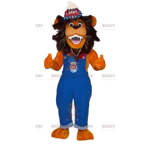 Traje de mascote BIGGYMONKEY™ de leão em macacão azul e boné –