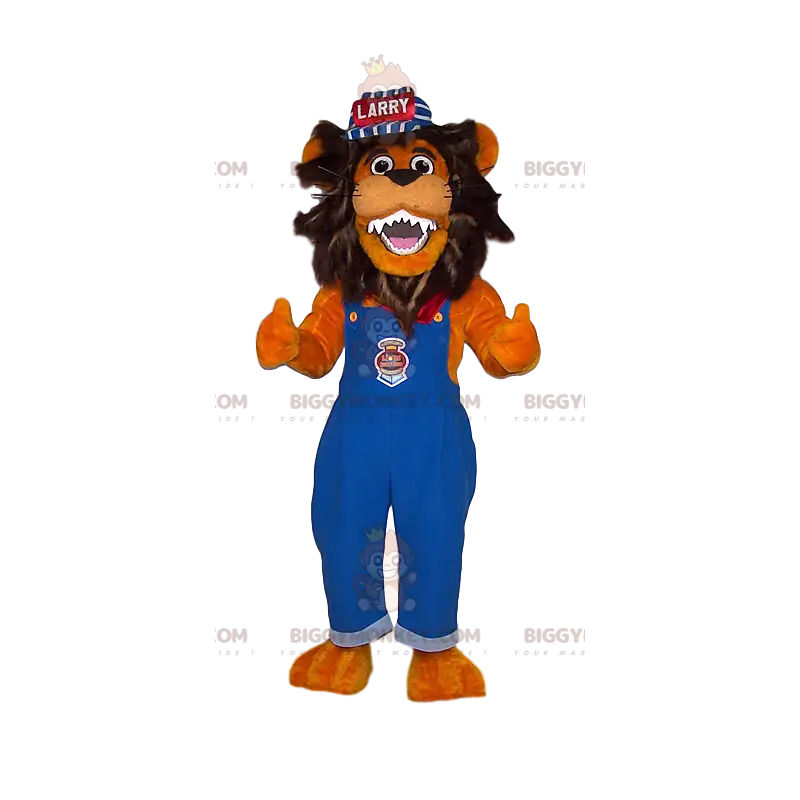 Traje de mascote BIGGYMONKEY™ de leão em macacão azul e boné – Traje de mascote BIGGYMONKEY™ de leão em macacão azul e boné –