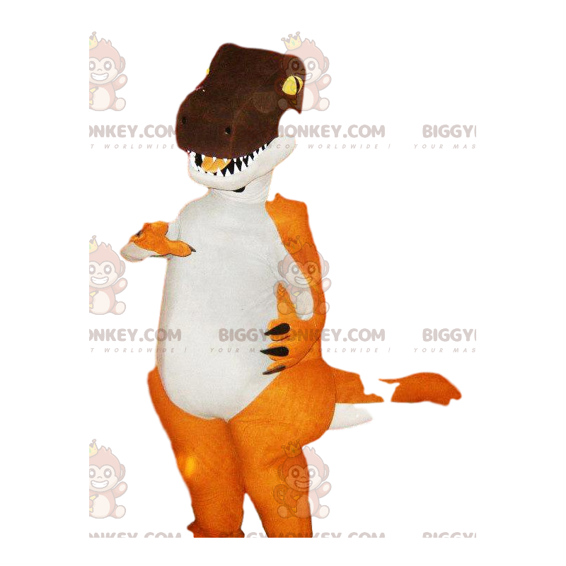 Pomarańczowo-brązowy kostium maskotki Tyrex BIGGYMONKEY™. Kostium Tyrexa - Maskotki dinozaurów - BiggyMonkey.com